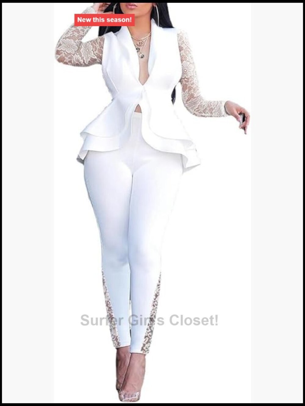 Deep V Neck Ruffle Blazer Two Piece Outfits Long Sleeve Pants Business Suit Set
